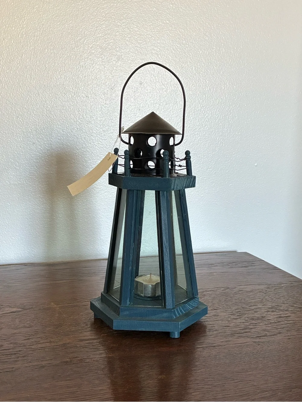 BNIB- Hand Painted- Blue Wood & Wire Lighthouse Candle Holder